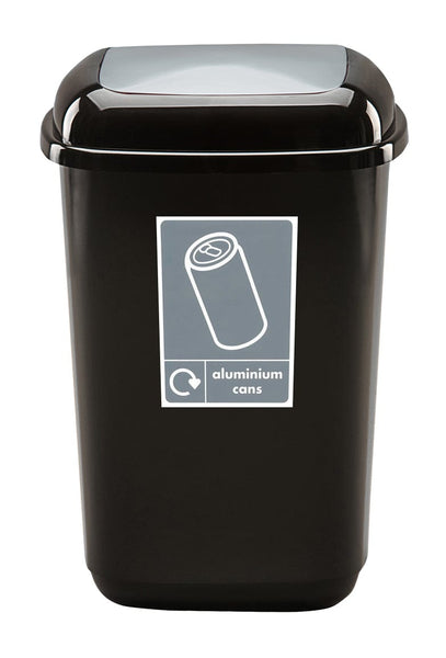 Plastic indoor recycling bin, 45 litre black body with grey flip top lid.  Aluminium cans label to the front