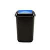 Blue flip top recycling bin with black body.  Plastic construction with 28 litre capacity 