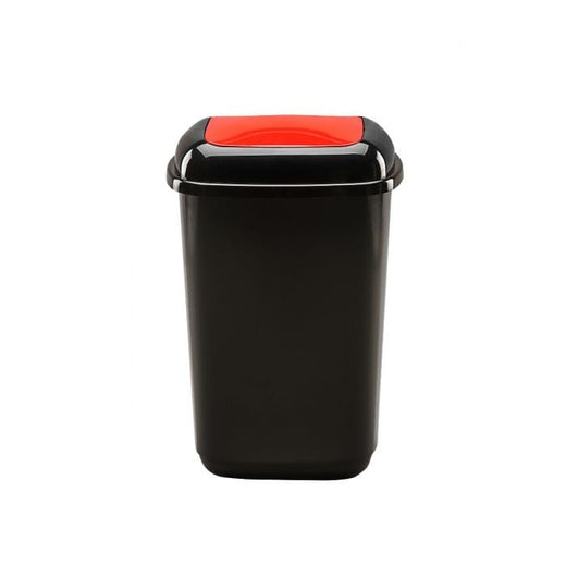Black plastic recycling bin with a 28 litre capacity and red flip top lid
