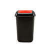 Indoor plastic recycling bin with black lid containing red flip mechanism