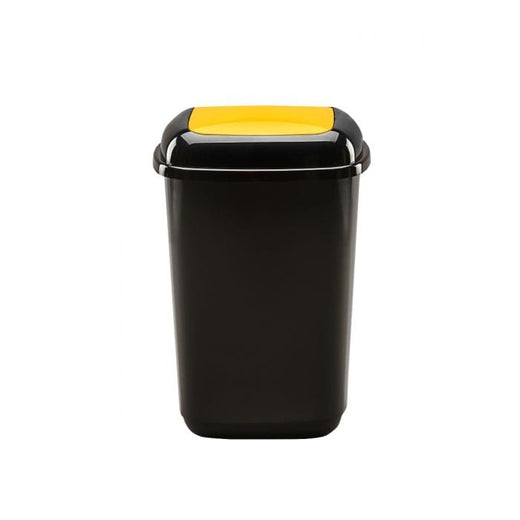 Black indoor recycling bin with yellow flip aperture