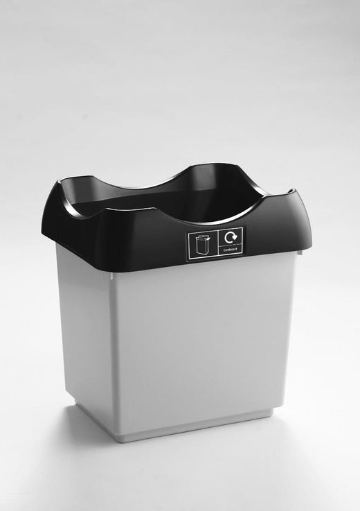 freestanding white bodied open top trash bin with black lid.