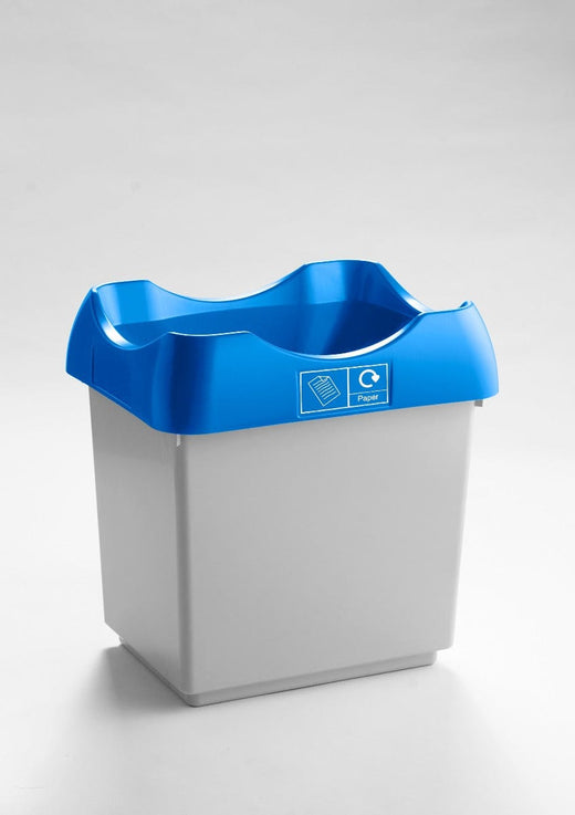 A stand-alone, white-bodied trash bin featuring an open top design and a blue lid.