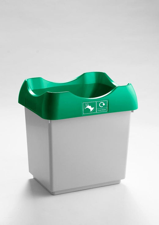 trash bin designed with an open top, white body, and a green lid.