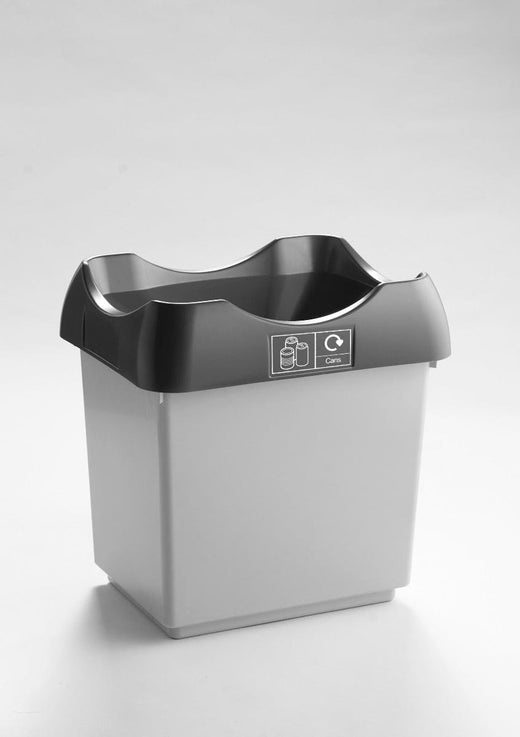 White-bodied, standalone waste bin, complete with an open top and grey lid.