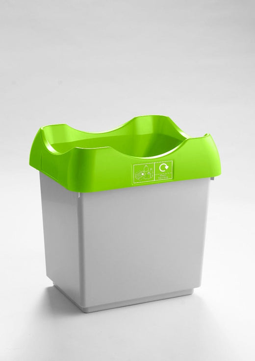 A garbage bin, colored in white with a black lid, and features an open top design.