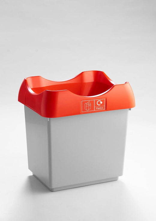 A free-standing trash can with a white body is equipped with a red lid and designed with an open top for easy use.