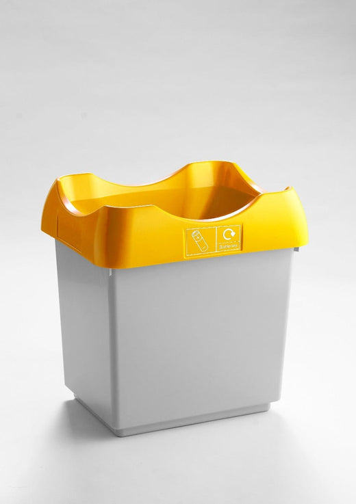 An open-top, standalone litter bin with a white outer casing and a contrasting orange lid.