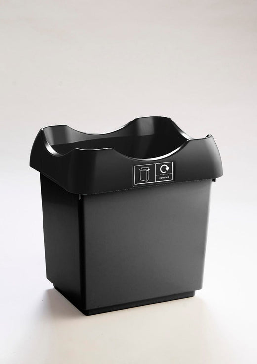 Open top litter bin with black body and black lid. 