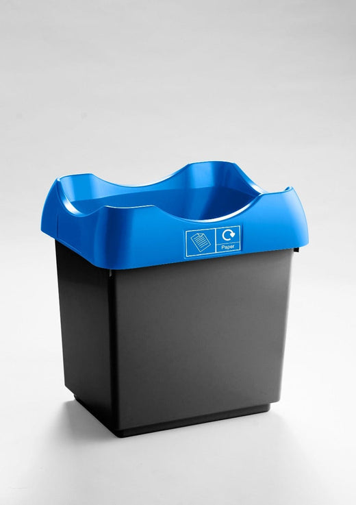 A trash bin with a black base features an open top and a lid in blue color.