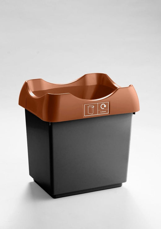 Trash bin comes with a black base, an open top for easy disposal, and a brown lid.