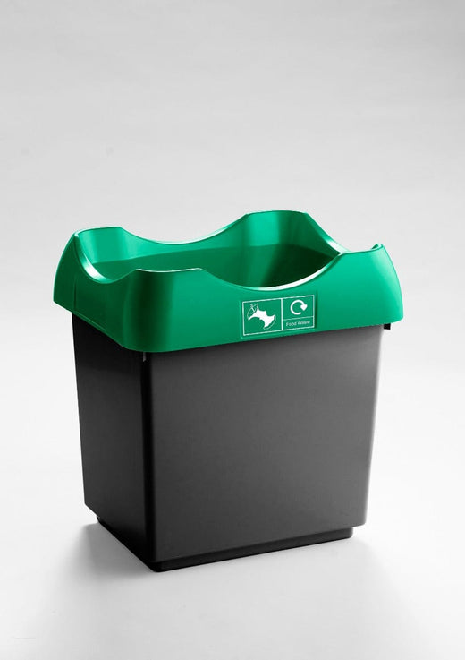 A rubbish bin with a black base and open top, is complete with a green cover.