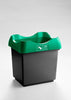 A garbage can with a black base and an open-top design, topped off with a green lid.