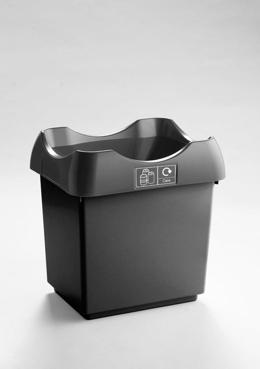 Garbage can with a black base and an open-top design, topped off with a grey lid.
