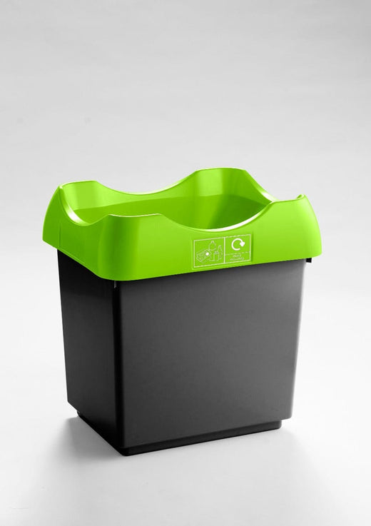 Black based rubbish bin equipped with an open top  green cover.