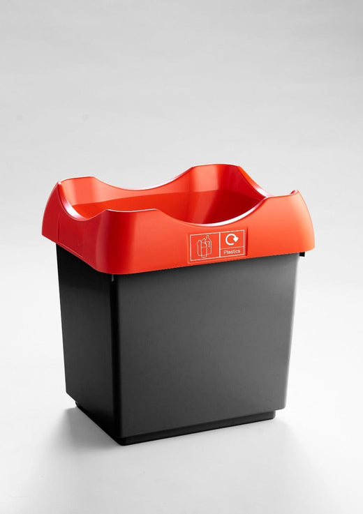 An open-top, standalone litter bin with a black outer casing and a red lid.