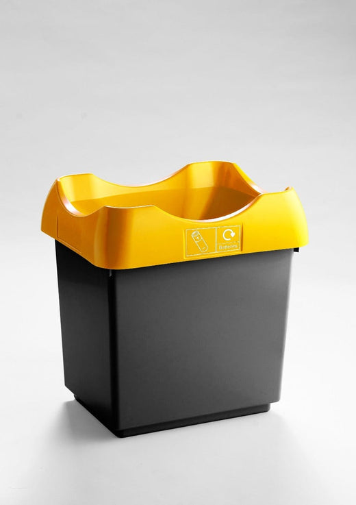A standalone trash bin exhibiting a white body, yellow lid, and an open top for easy waste disposal.