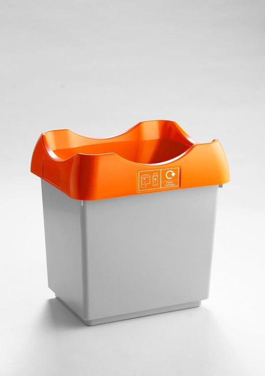rubbish bin with a white body, orangelid, and an open top for easy waste disposal.