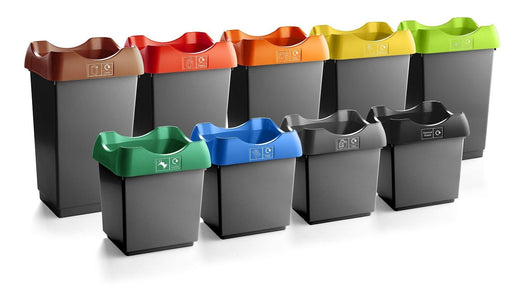 Five large and four smaller open-topped, black-based litter bins with lids in colors such as brown, red, orange, yellow, green, blue, black and grey.