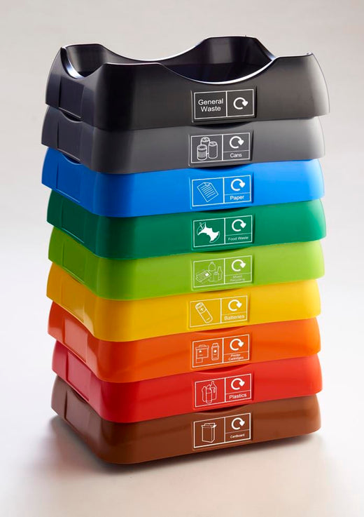 The lids of the litter bins, stacked and varying in color - black, grey, blue, dark green, light green, yellow, orange, red and brown.