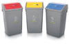 3 Grey base recycling bins with iconography to the front.  Lid flaps are blue, yellow or red
