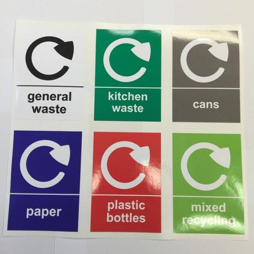 Aet of 6 stickers, general waste, kitchen waste, cans, paper, plastic bottles or mixed recycling