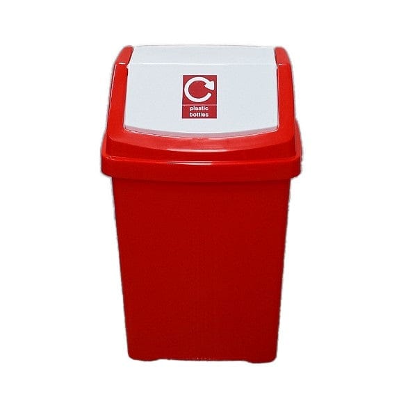 Red flip lid recycling bin with sticker label for plastic bottles.