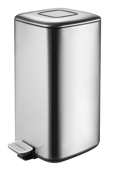 20 Litre household litter bin with brushed stainless steel finish.  Rectangular in shape with front foot pedal