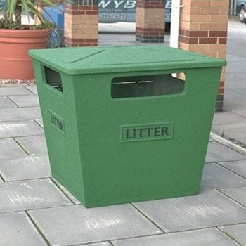 A green large glass reinforced trash bin with a 360 degree access aperture placed on an outdoor setting.