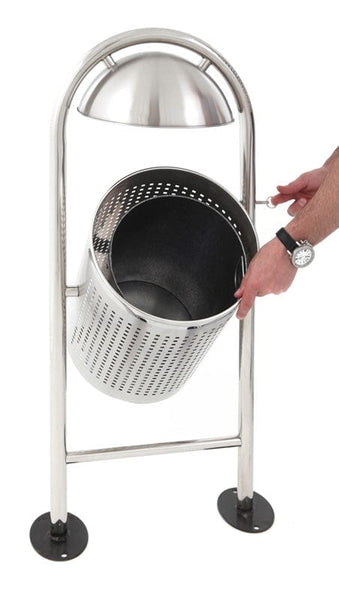 Stainless steel external litter bin with the bin in the tilted position showing the internal plastic liner