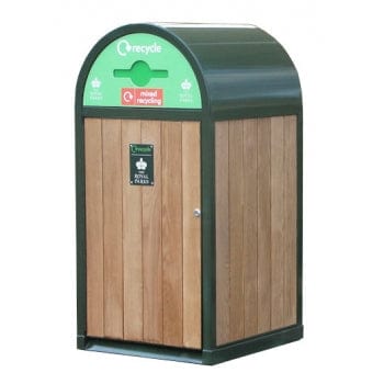 Large wheelie bin cover, powder coated steel frame with natural wood surround, complete with mixed recycling london underground aperture