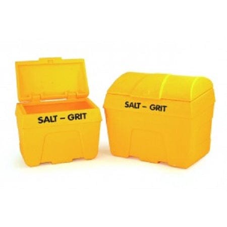 Side by side grit bins, small 200 litre bin with the lid open and 400 litre with domed top