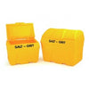 Side by side grit bins, small 200 litre bin with the lid open and 400 litre with domed top