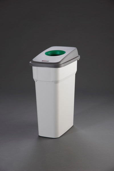 Grey base recycling bin with black lid and green hole aperture
