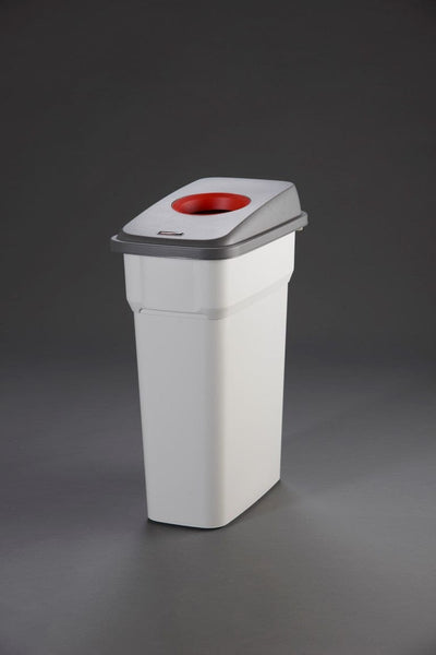 Grey body recycling bin with red hole top aperture in black lid