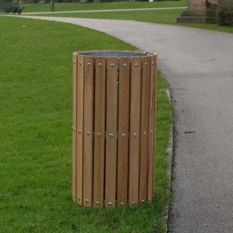 Circular Timber Slatted Outdoor Bin - 56 Litre