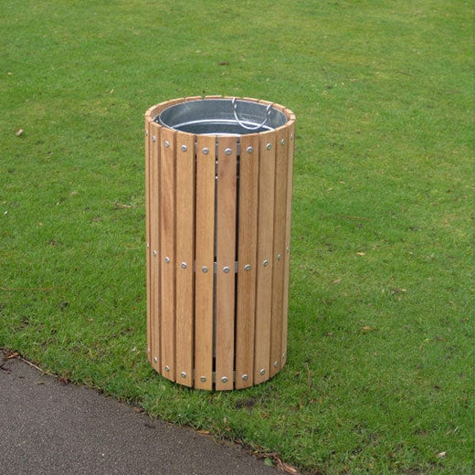 56 Litre capacity Timber Slated Circular Outdoor Bin with galvanized inner liner.