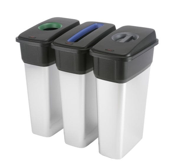 3 individual recycling bins with metal look bases.  Lids are grey handle, blue slot and green hole