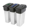 3 individual recycling bins with metal look bases.  Lids are grey handle, blue slot and green hole