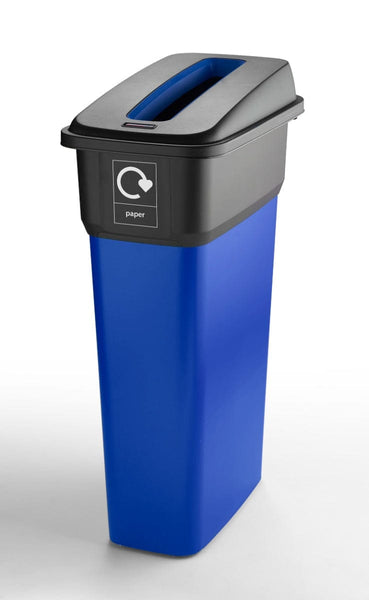 Blue base recycling bin with blue slot lid, featuring paper sticker to the front