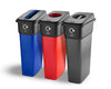 Set of 3 plastic recycling bins with grey base and lid, red base and hole aperture and blue base with slot lid