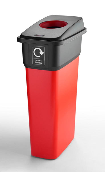 Plastic bottle recycling bin with red bae and red hole top lid for recycling