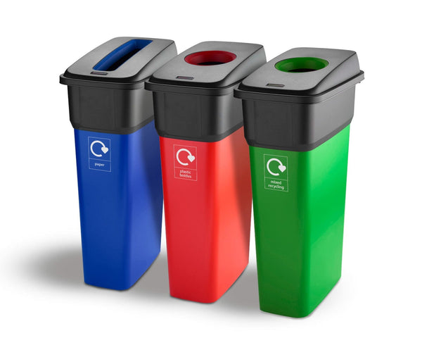 Set of 3 recycling bins, green base and hole lid, red base and red lid and blue base with blue slot lid