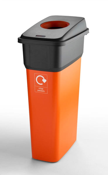 Orange recycling bin base with crisp packet graphic, complete with orange hole aperture lid