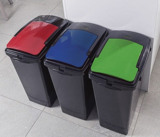 40 Litre slim bin group picture with a dark grey body and red, blue and green lids