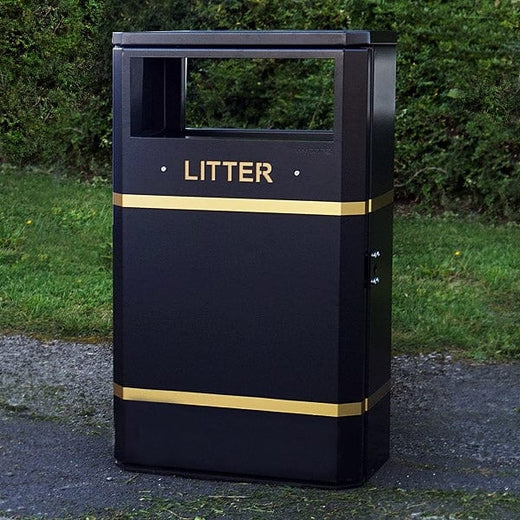 Heavy Duty Outdoor Slimline Bin with a gold Litter lettering and gold banding accents.