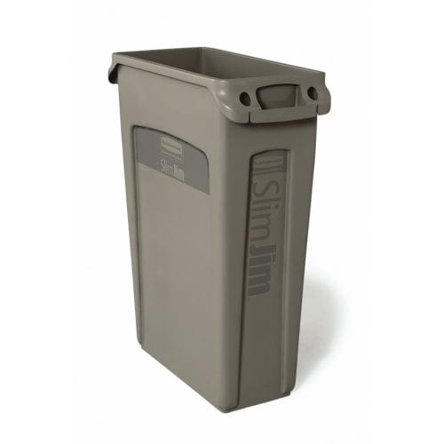 Beige slim profile litter bin without lid showing side handles and venting channel