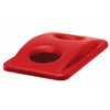 Red plastics recycling lid showing 2 holes for waste collection