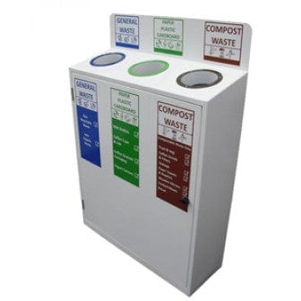 3 Compartment recycling station with open apertures for compost, mixed recycling and general waste