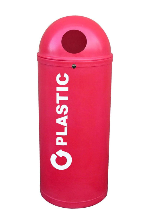 Red colored slimline bin with a lockable hooded lid and circular aperture for disposal.